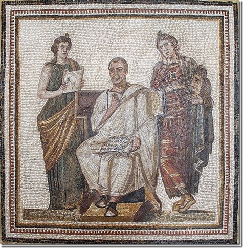 Virgile et les Muses Clio et Melpomène, mosaïque d'Hadrumetum