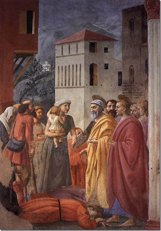 Saint Pierre distribuant l'aumône et la Mort d'Ananie, Masaccio, Chapelle Brancacci, Santa Maria del Carmine, Florence