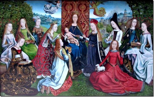Reconnaitre des saintes par leurs attributs sur le tableau La Vierge parmi les vierges du Maître de la légende de Sainte Lucie
